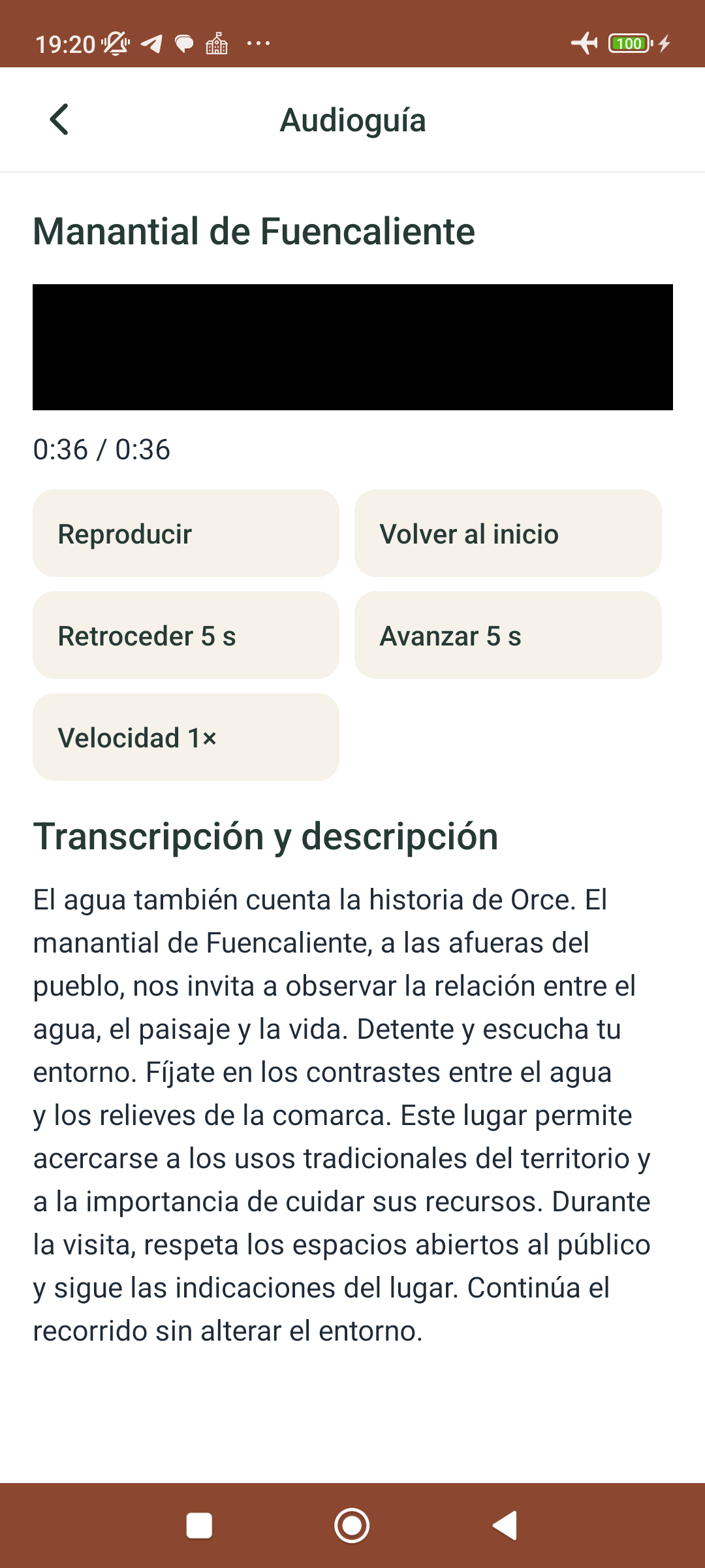 Audioguía de Fuencaliente reproducida desde la copia local en modo avión.